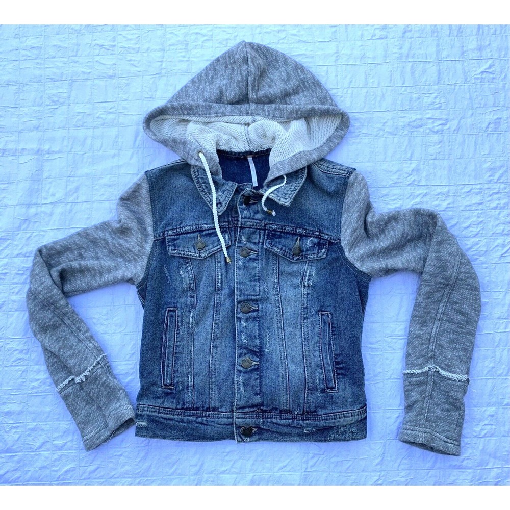 Free People Denim Jacket Womens XS Blue Gray Jean Sweater Sleeves Removable Hood
